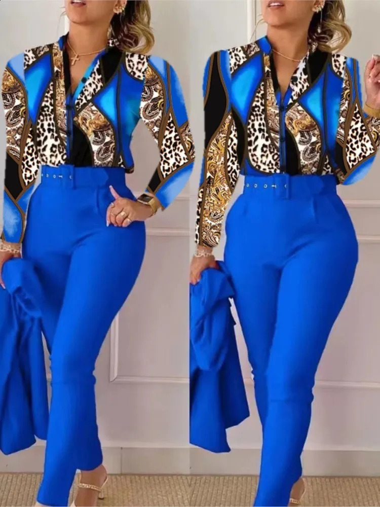 Elegant Women Printed Two Piece Suit Sets Spring Autumn V Neck Long Sleeve Shirt Top Long Pants Set With Belt Workwear Outfits 240814