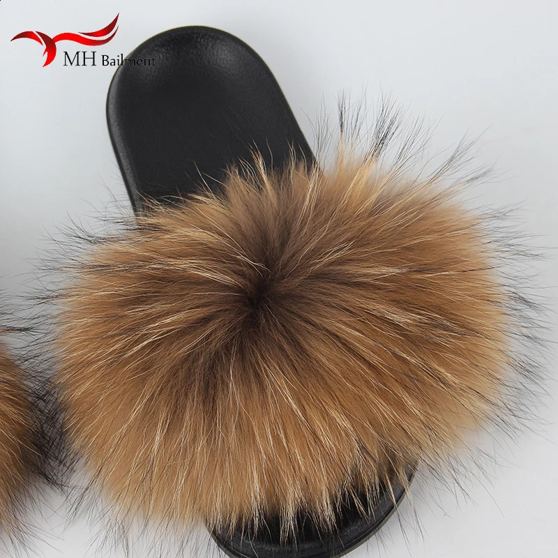 Real Raccoon Fur Slippers For Women Summer Fluffy Indoor House Fuzzy Flat Slides Outdoor Fashion Beach Sandals Flip Flops 240809