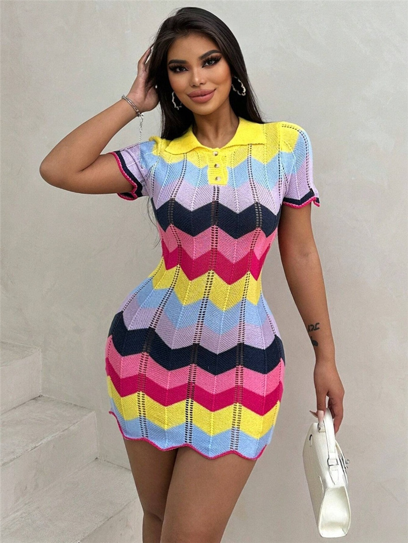 New Contrasting Polo Collar Knitted Hip Hugging Fashionable Sweater Slim Fit Dress
