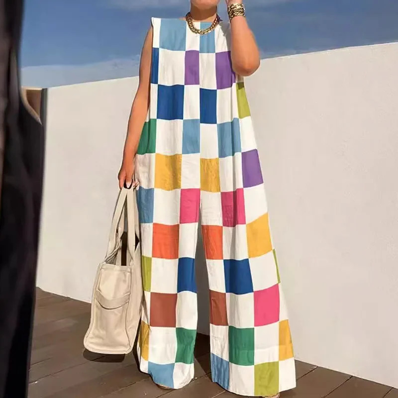 Commute Lady Sleeveless Oneck Party One Piece Romper Women Polka Dot Print Overall Chic Fashion Loose Long Jumpsuit 240808