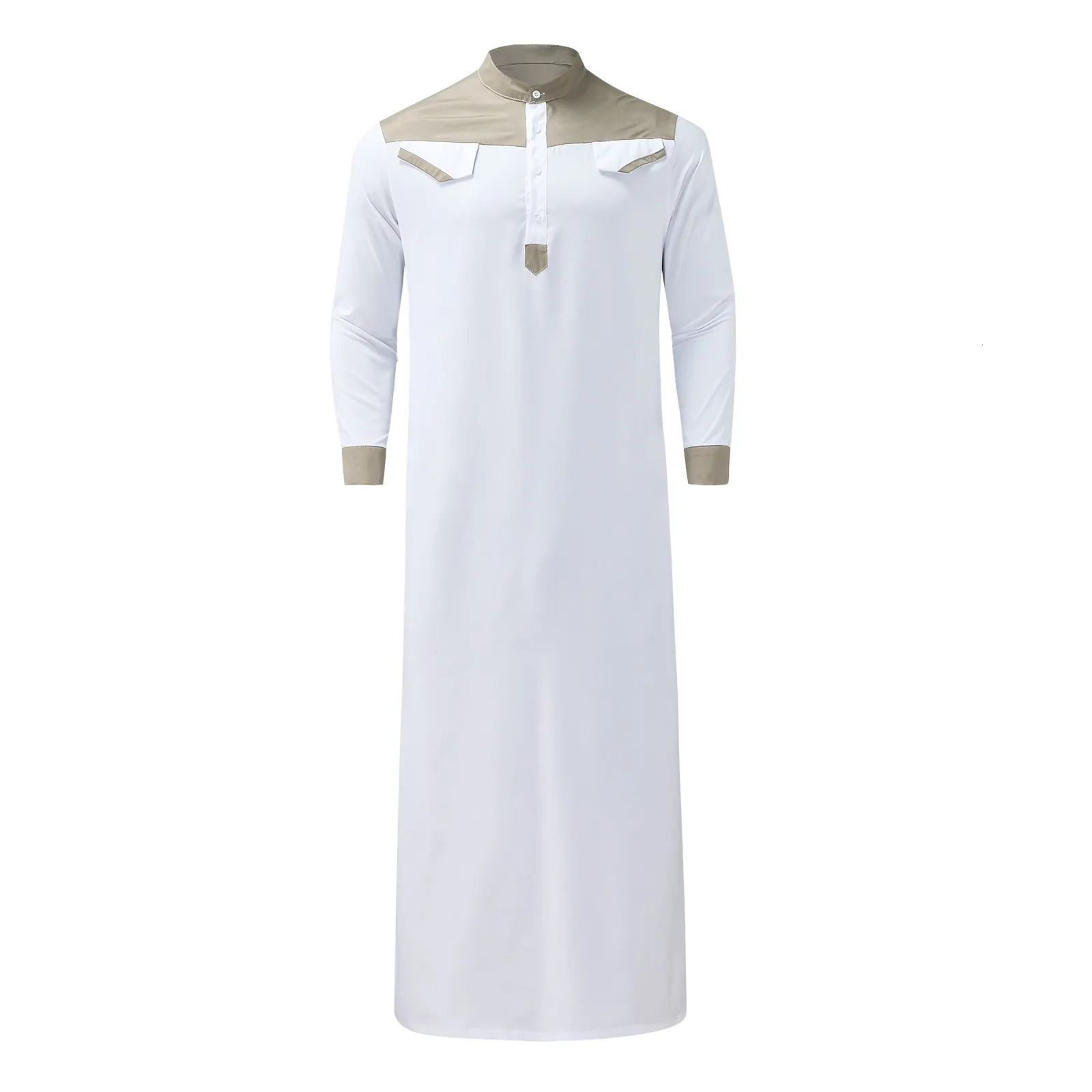Traditional Muslim Clothing Contrast Color Dress Middle East Juba Thobe Mens Robe wLong Sleeve Mandarin Collar 240808