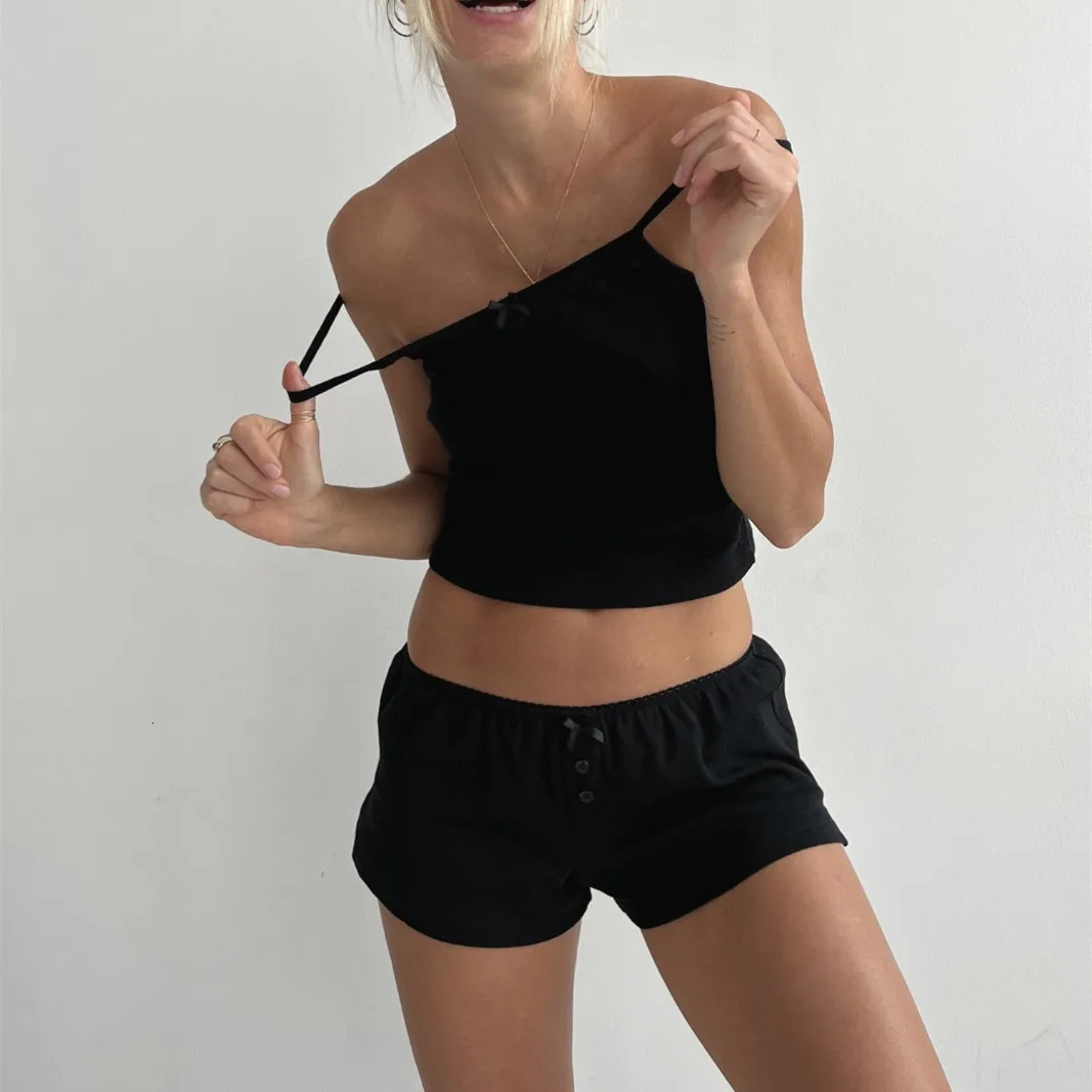 Retro Fairy Coquette Y2K Pajamas Outfits Comfy 2 Piece Set Loungewear Women Sexy V Neck Spaghetti Strap Camis Crop Tops Shorts y240815
