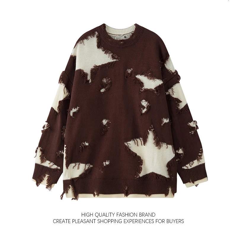 Star Hole sweater niche in the United States primitive edge Tattered style spliced flower mens fashion heavy industry knitted sweater trend240808