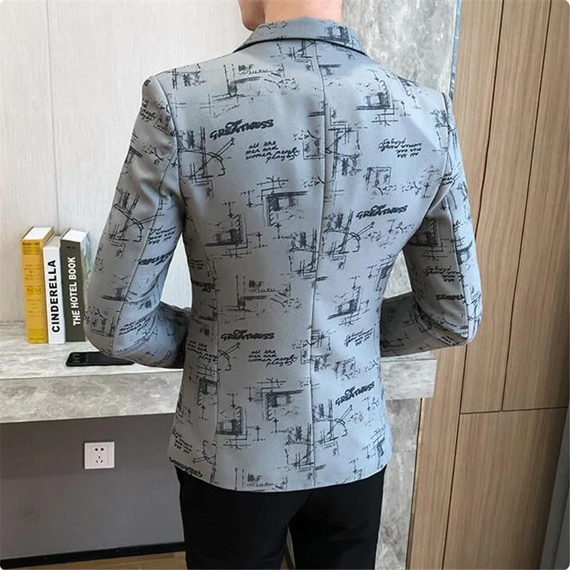 Men Blazer 2024 Spring Fashion Highquality Korean Version of The Printed Slim Formal Wedding Party Prom Suit Jacket y240906