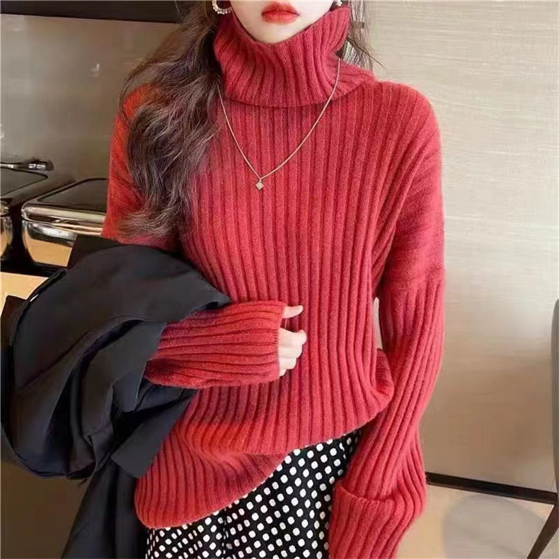 Solid color outerwear, high neck knitted sweater for women's autumn and winter new loose long sleeved base top dongdumaoyi
