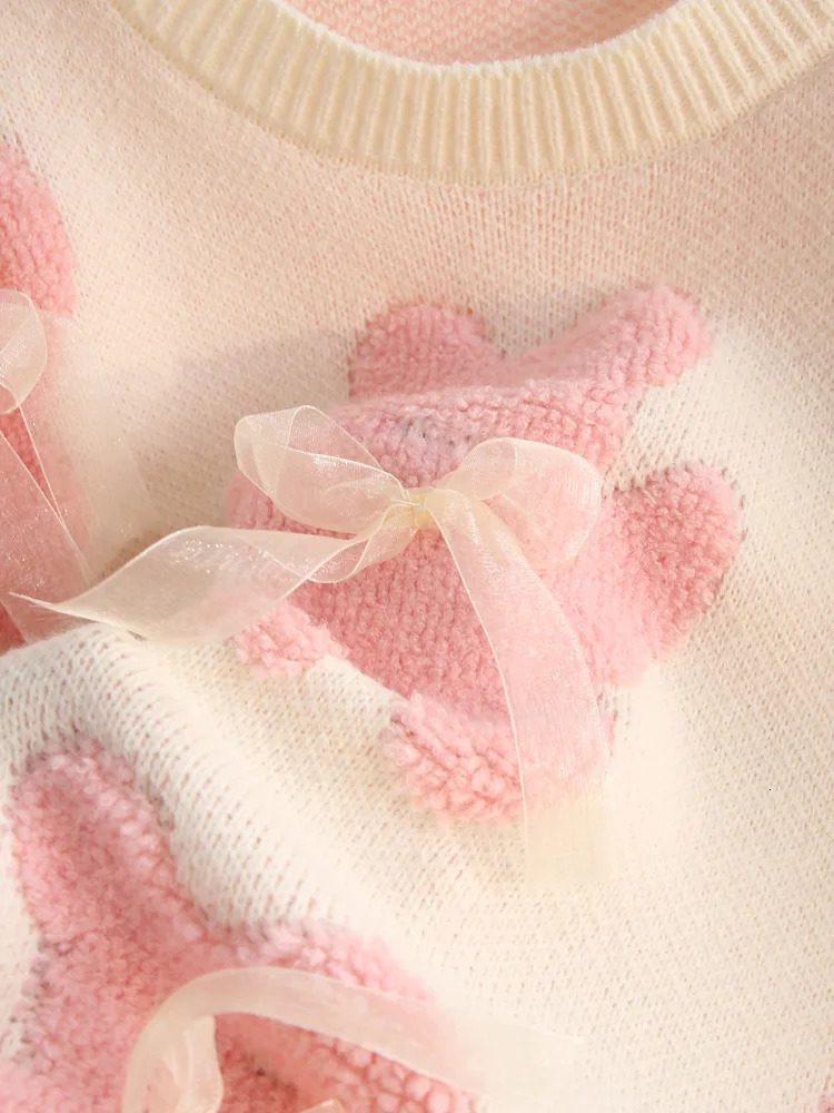 Women Pink Bear Knitted Pullover Sweater Elegant Harajuku Aesthetic Y2k long Sleeves O-Neck Sweater Jumper Vintage 2000s Clothes 240812