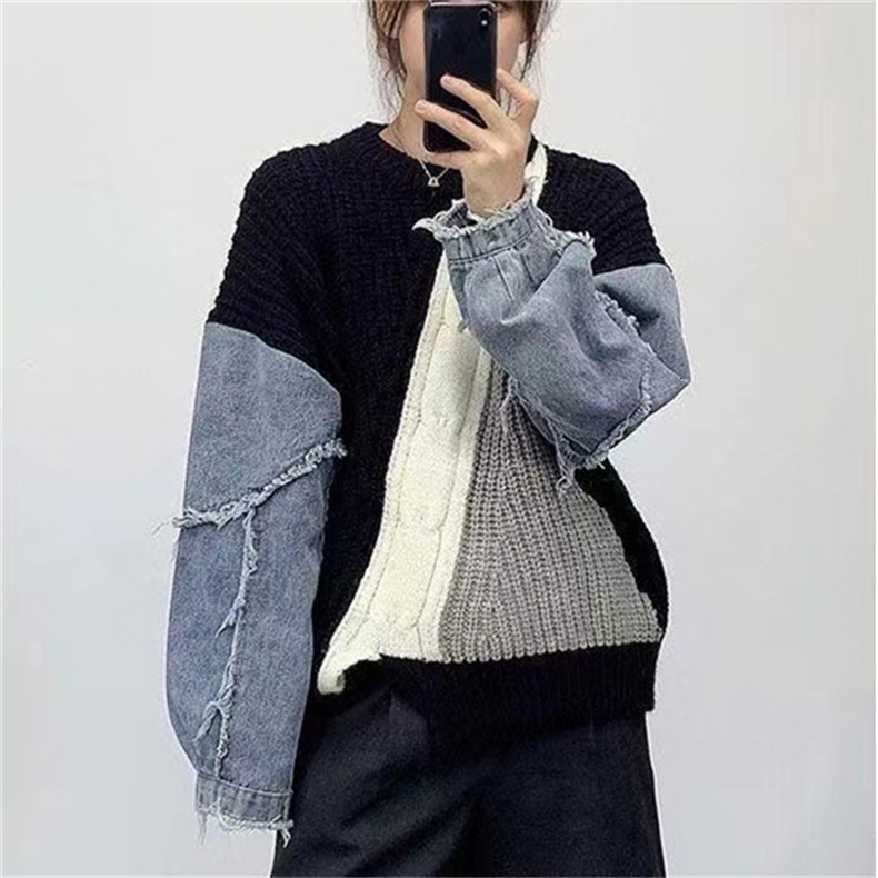 loose denim coarse needle spliced knitted sweater jacket for spring and autumn winter new women's top pullover Korean version dongdumaoyi