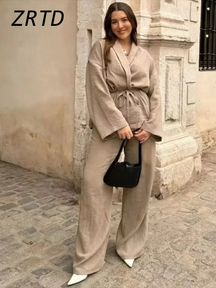 Vintage Lace Up Pants Sets Women Loose Lapel Long Sleeve Shirts Wide Leg Trouser Spring Summer Womens 2-piece Pant Set 240809