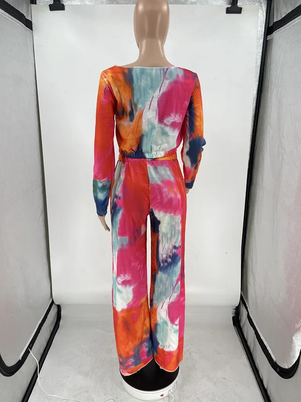 CMYAYA Tie Dye Womens Tracksuit Off Shoulder Long Sleeve Tshirt and Loose Pants Matching Two 2 Piece Set Outfits Sweatsuit 240808