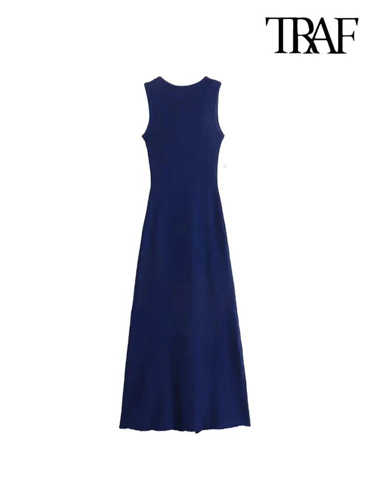 TRAF Women Chic Fashion With Golden Buttons Knitted Midi Dress O Neck Sleeveless Female Dresses Vestidos Mujer 240809