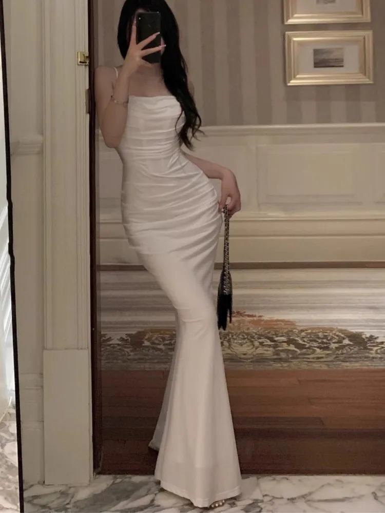 Women Elegant Sexy Bodycon Mermaid Dress Summer Fashion Strap Evening Party Runway Robe Korean Female Solid Long Vestidos 240809