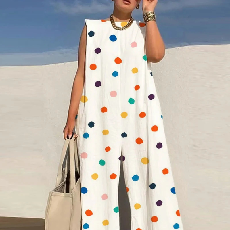 Commute Lady Sleeveless Oneck Party One Piece Romper Women Polka Dot Print Overall Chic Fashion Loose Long Jumpsuit 240808
