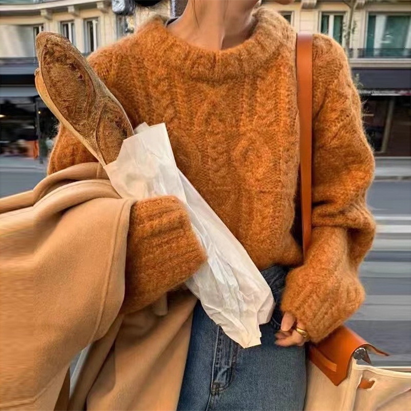 Orange Round Neck Pullover Short Sweater Womens Fried Dough Twists Winter Wear Loose Lazy Style Knitwear Women
