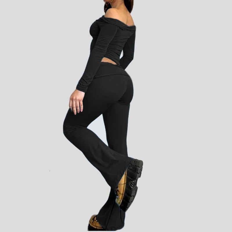 Cuteandpsycho Slash Neck Top and Casual Pants Sets Womens Two Pieces Of Outfits Streetwear Solid Fashion Y2K Basic Slim Clothes 240808