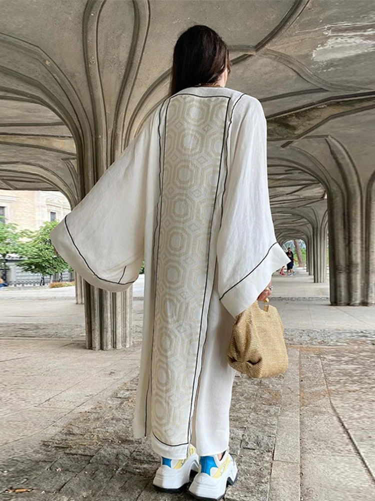 Loose Print Lace Up Maxi Dress Women Fashion White V-neck Long Sleeve Female Dresses Summer Casual Lady Contrast Dubai Robe 240808