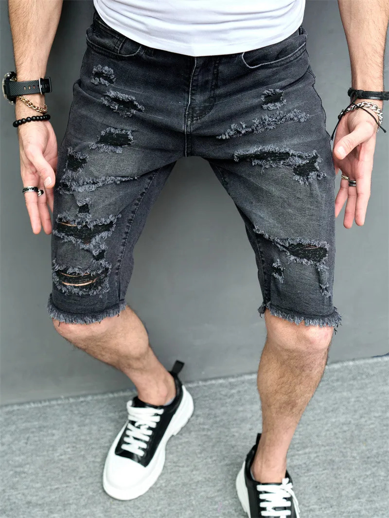 Mens summer short hole ultra-thin five point pants street fashion casual mens solid straight jeans beach denim shorts240808