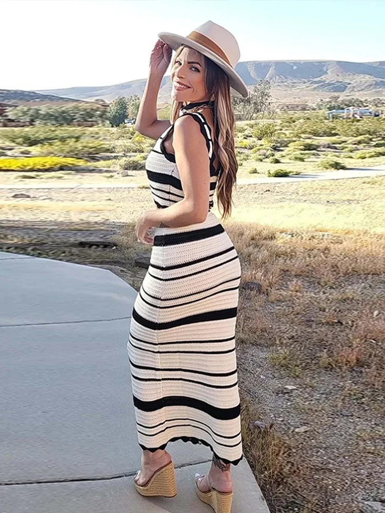 Sexy Elegant Knitted Striped Beach Skirt Sets Women High Waist Backless Slip Top Skirt 2 Piece Sets Spring Summer Set 240809