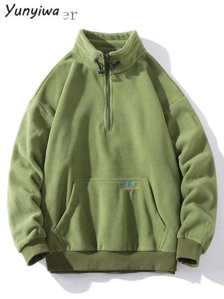 Half-zip Hoodless Sweatshirt Autumn Winter Stand-up Collar Shirt Oversize Velevet Tops Lovers Trend Polar Fleece Jacket 240808