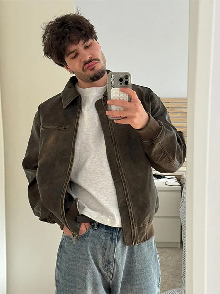 Chic Male Lapel Zipper Pu Leather Jacket Autumn Winter High Quality Warm Coat Mens Fashion Long Sleeve Pocket Outcoats 240809