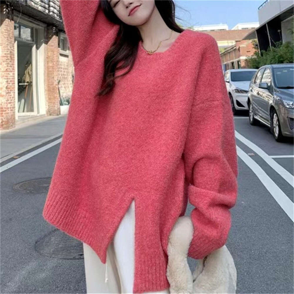 autumn winter new lazy style round neck slit knitted loose and versatile outerwear sweater women's clothing dongdumaoyi