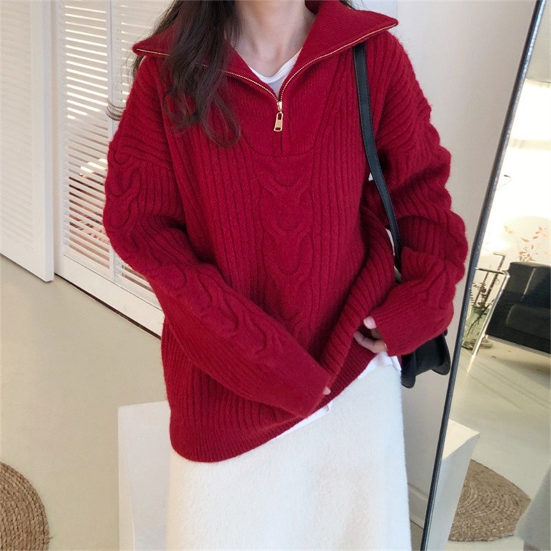 Autumn new lapel lazy style pullover solid color sweater women wear loose Fried Dough Twists knitwear women's blouse thickened dongdumaoyi