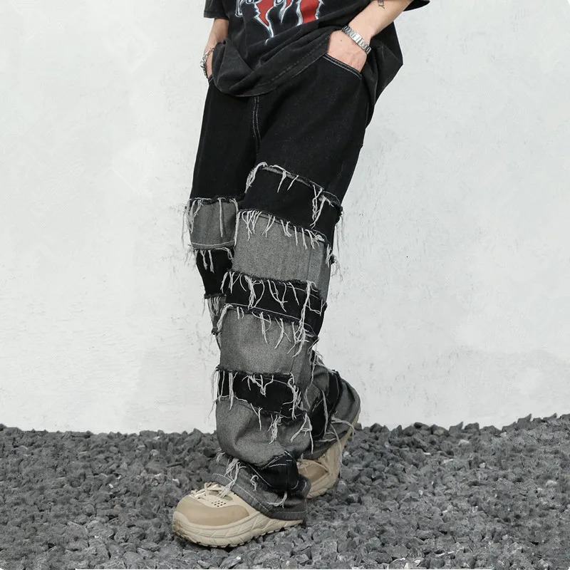 Ropa Grunge Y2K streetwear bag stacking jeans mens clothing patch work straight loose pants Pantalones Hombre 240809