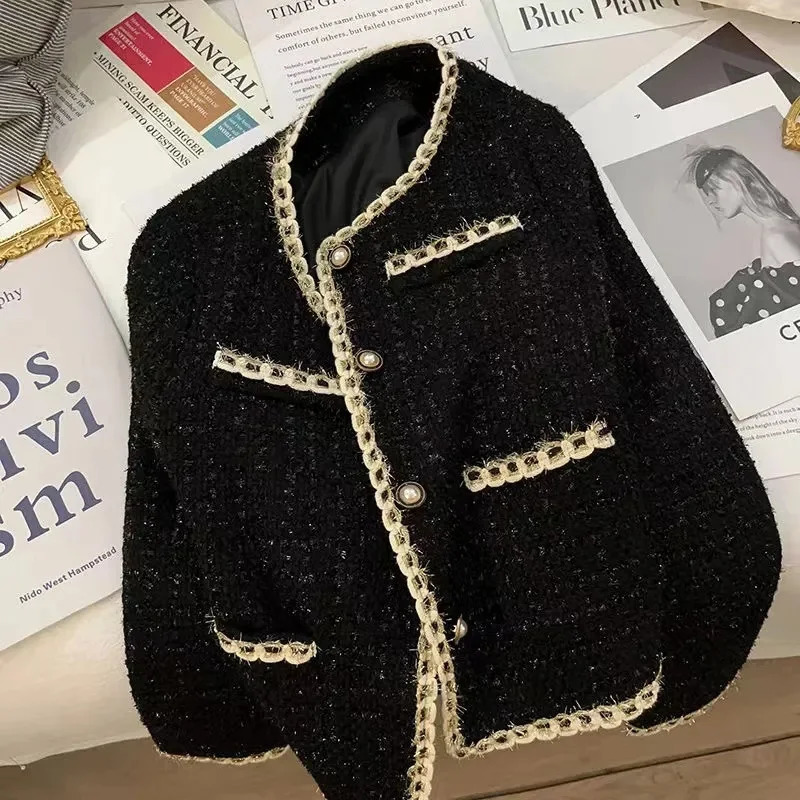 Black Short Small Fragrance Jacket Women Spring Autumn Coat Tweed Gold Thread Woven Overwear Casual Suit Jackets Female 240809