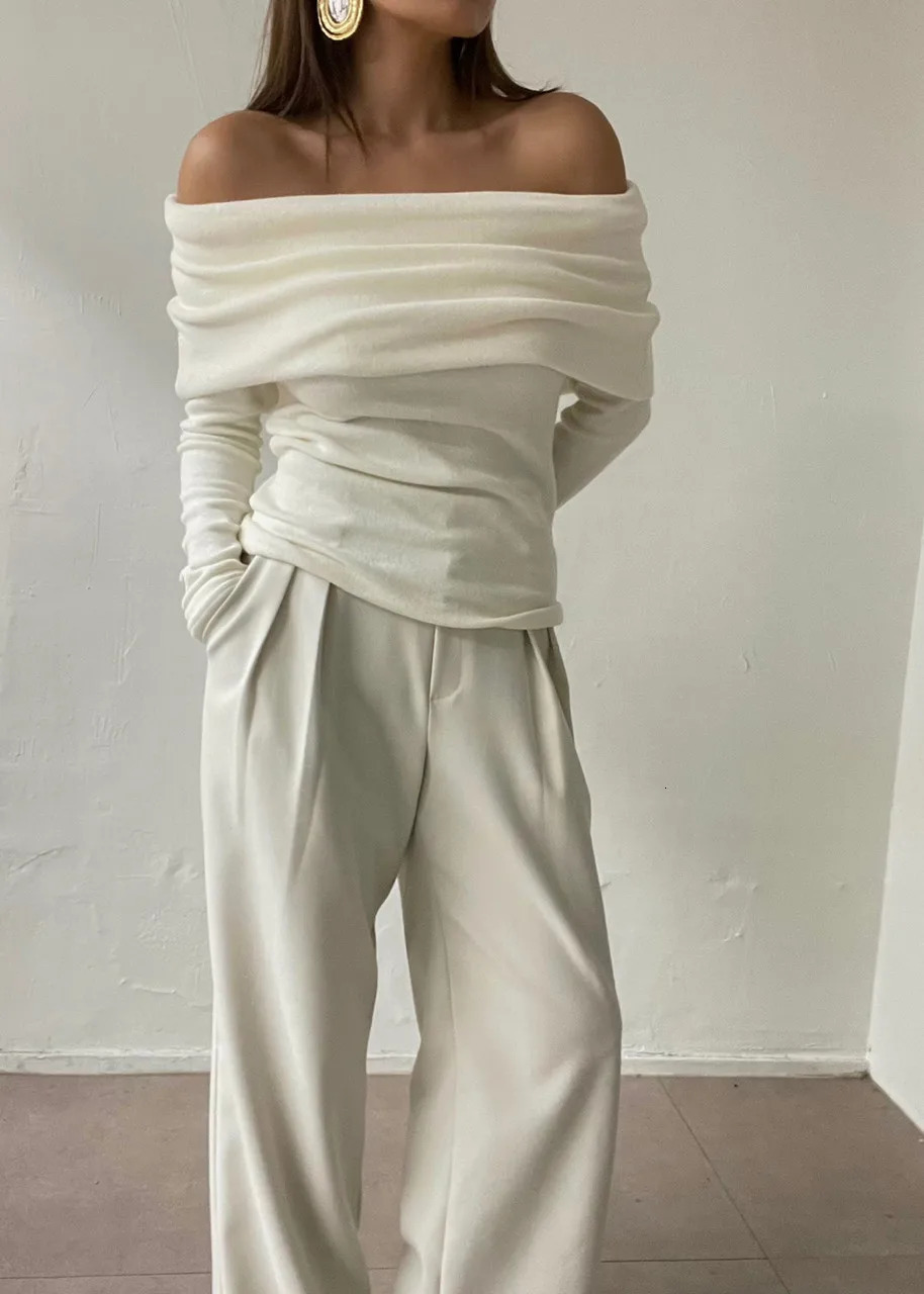 Off Shoulder Knit Top for Women Stretchy Cream White Long Sleeve Pullover Sweater Spring Ladies Elegant Outfit 240809