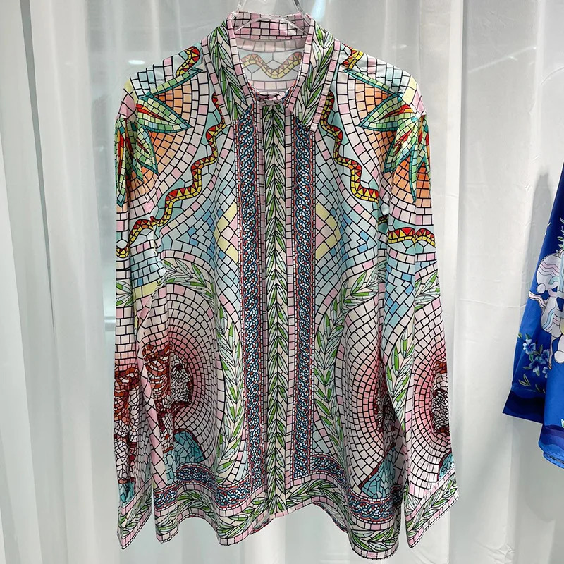 mens loose summer floral print shirt Hawaii vacation clothing mens beach profile printed long sleeved shirt240808