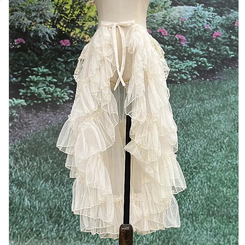 Double Layered Lolita Waist Curtain Sheer Cover Up High Low Skirt w. Asymmetrical Ruffles 240809