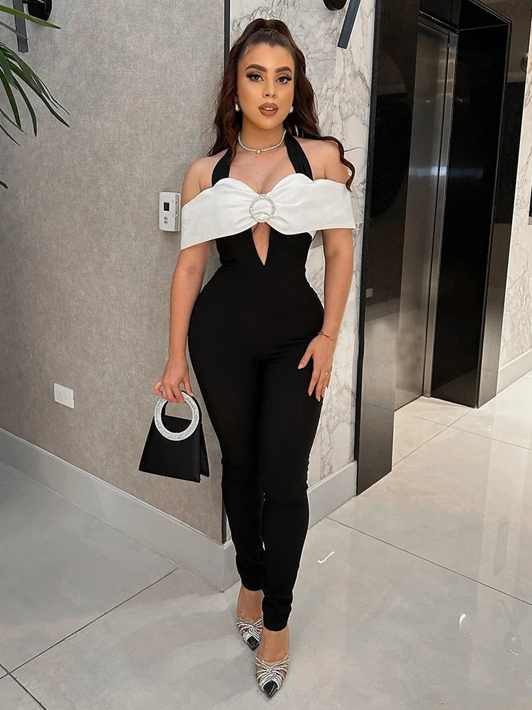 Weird Puss Halter Jumpsuit Women Patchwork Sleeveless Slash Neck Hollow Fitness Activity Elegant Party Clubwear Workout Overalls 240808