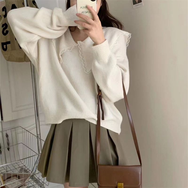 Sweet Baby Neck Soft Waxy Sweater Womens Outwear Autumn and Winter New Relaxed Lazy Style Solid Color Pullover Shirt Top