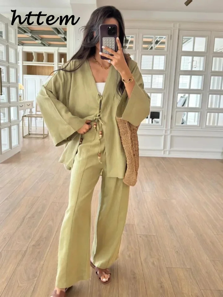 2 pieces of casual beaded pants set suitable for womens loose Vneck lace long sleeved shirt wide leg 2024 autumn fashion 240808