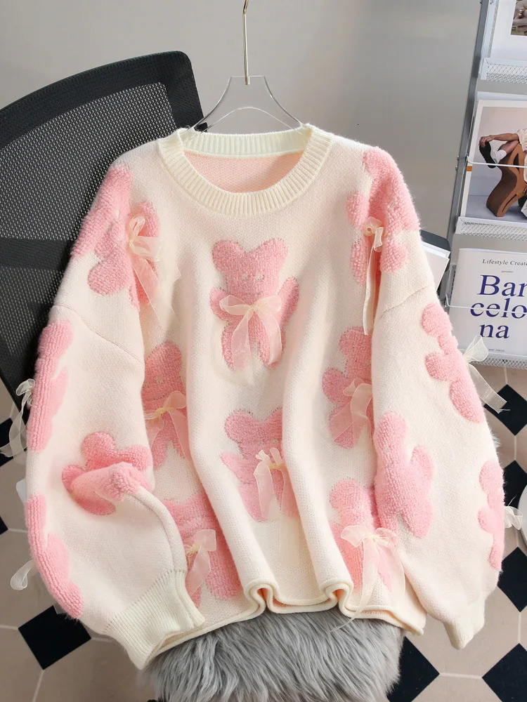 Women Pink Bear Knitted Pullover Sweater Elegant Harajuku Aesthetic Y2k long Sleeves O-Neck Sweater Jumper Vintage 2000s Clothes 240812
