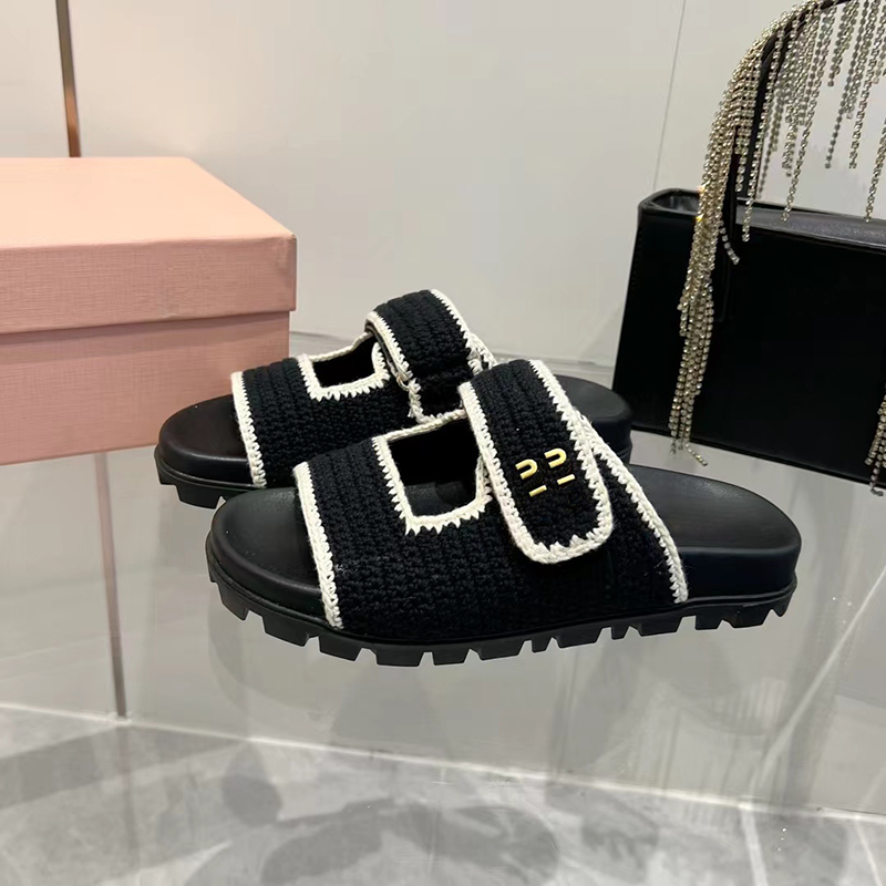 Crochet Sandals Designer Slippers women strap slides sandal Platform sliders Woven Hook loop Slide Beach Women Slipper Womens Raffia-effect flat comfort mule Shoes