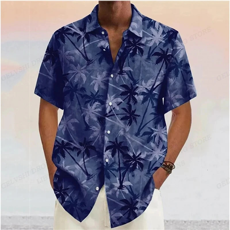 Summer Men Hawaiian Shirts Coconut Tree Lapel Camisas Men Fashion Short Sleeve Shirt Floral Blouse Turn Over Collar Clothes Male 240808