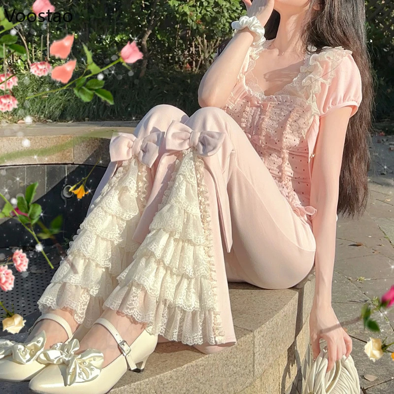 Pink Sweet Lolita Style Pants Women Vintage Kawaii Bow Lace Ruffles Flared Pants Female Korean Elegant Casual Fairy Trousers 240809