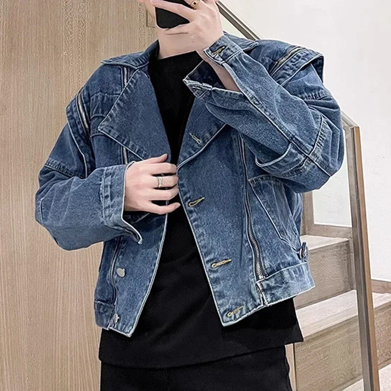Motorcycle Crop Denim Jacket Women Autumn Shoulder Pad Multi Zipper Short Ripped Jeans Jackets Outwear Vintage Streetwear 240809