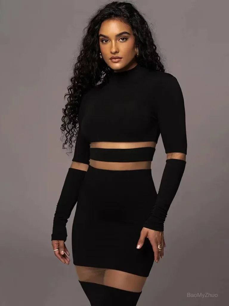 Spring Summer Women Mesh Patchwork Maxi Dress Elegant Sexy See Through Long Sleeve O-neck Robe Party Female Party Vestidos 240809
