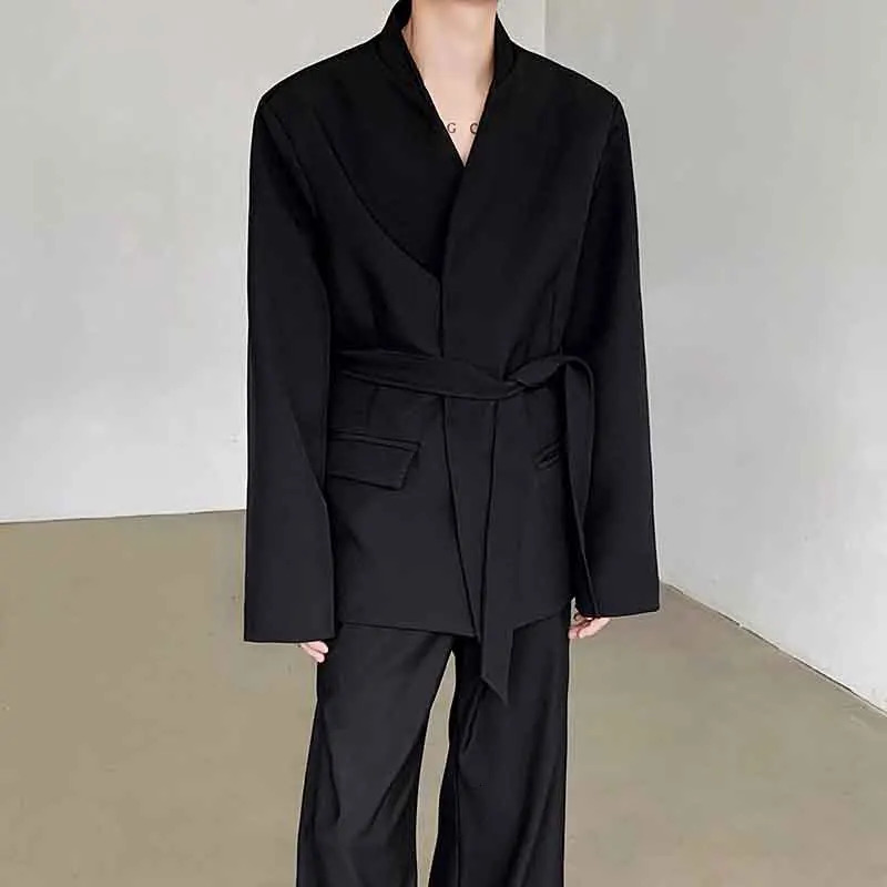 NOYMEI Temperment Black Suit Jack Belt Fashionable 2024 Spring Mens All match sexy jacket collarless mens WA3766 240808