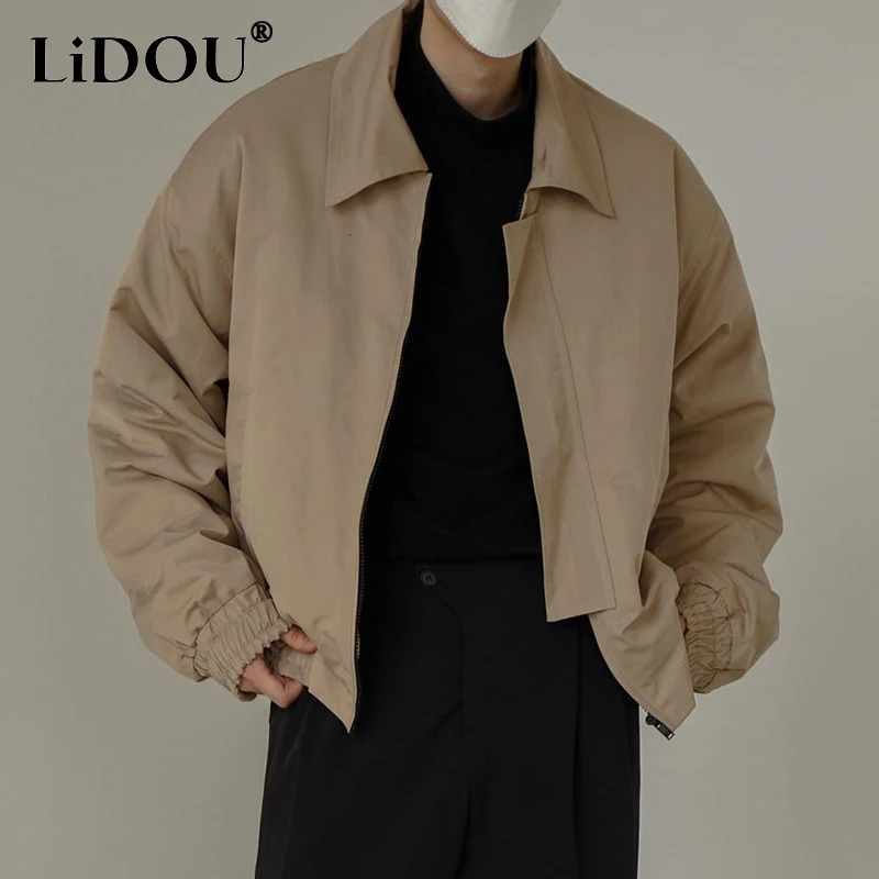 Spring and autumn vintage solid color lapel long sleeved jacket for men with rib sleeves zipper pockets casual cardigan240808