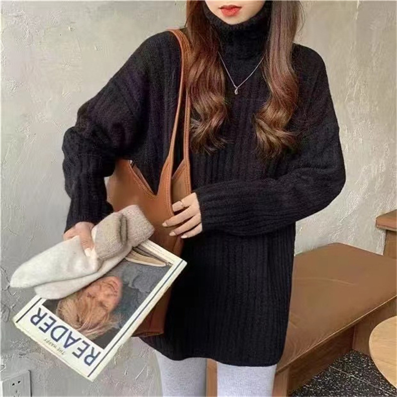 Solid color outerwear, high neck knitted sweater for women's autumn and winter new loose long sleeved base top dongdumaoyi