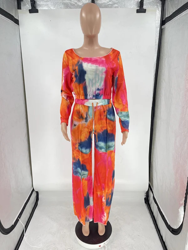 CMYAYA Tie Dye Womens Tracksuit Off Shoulder Long Sleeve Tshirt and Loose Pants Matching Two 2 Piece Set Outfits Sweatsuit 240808