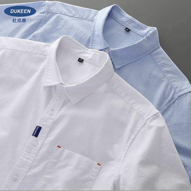 Dukeen 100% Cotton Oxford Spinning Shirt for Men Summer Casual Solid Color Blouse Man White Short-Sleeved Tops 240808