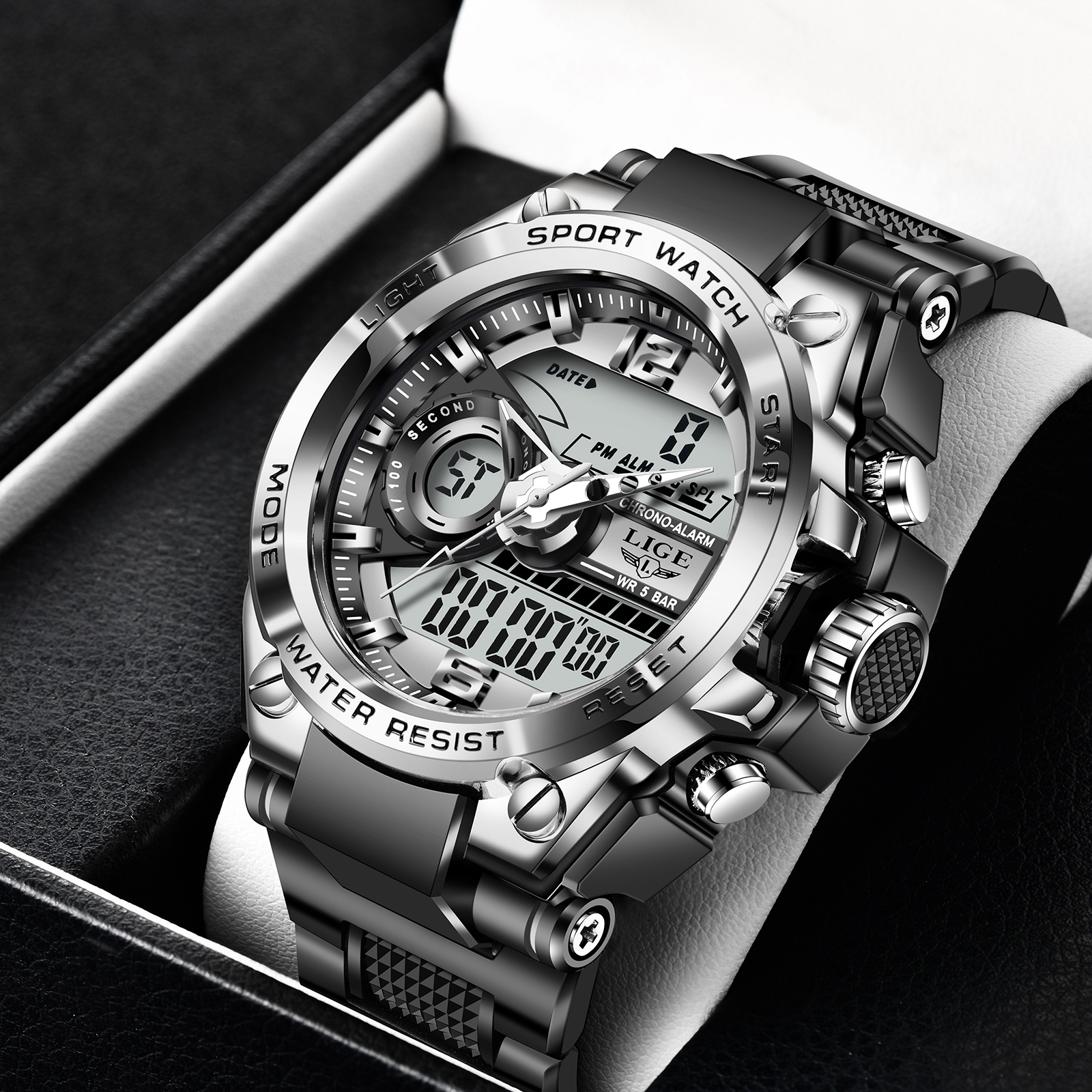 LIGE fashion new men's dual display electronic watch multifunctional waterproof night light sports timing code watch