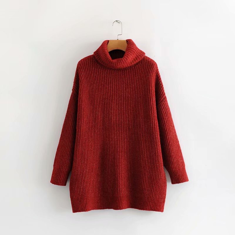 Autumn winter new soft and sticky pullover loose long sleeved solid color simple high neck lazy style knitted sweater top for women dongdumaoyi