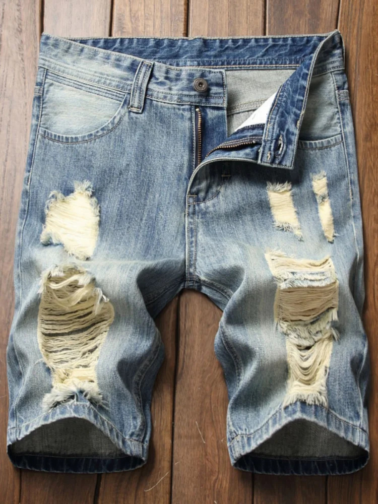 Retro Ripped Mens Denim Shorts Streetwear Hip Hop High Street Fashion Casual Short Jeans Male Stretch Straight Ripped Shorts 240809