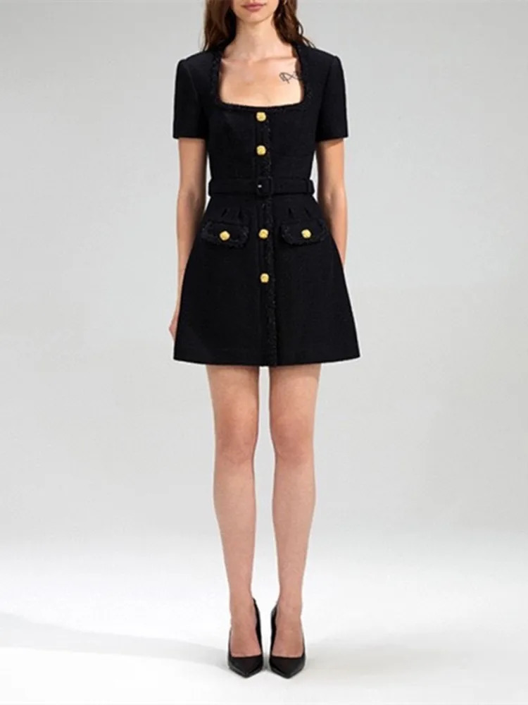 IOO Spring Women Wool Blend Dress Black Square Collar Temperament Short Sleeve Single Breasted Female Mini Robe with Sashes 240809
