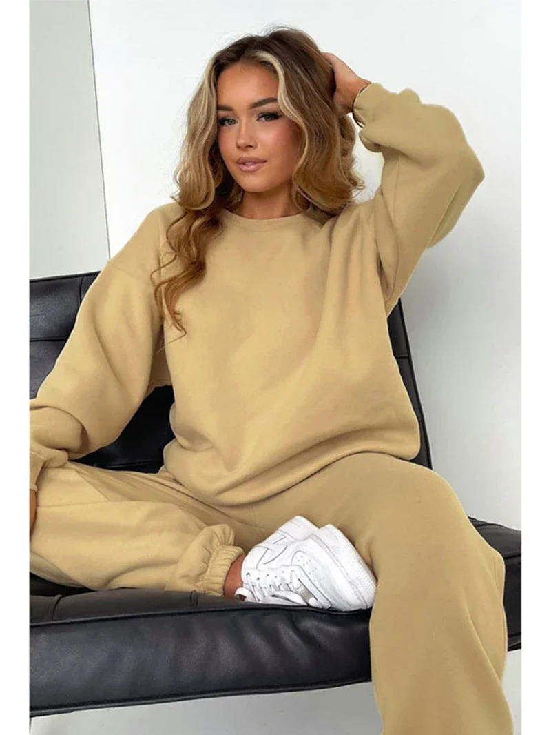 Cotton Tracksuit Women Two Piece Set Autumn Y2K Clothing Solid Pullover Sweatshirt Top and Pant Sets 2 Outfit 240808