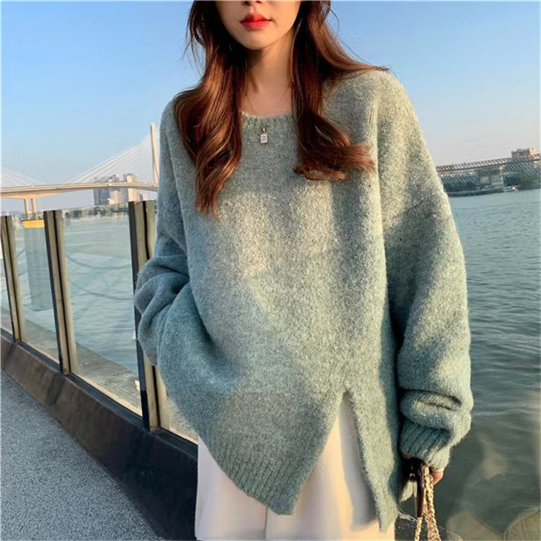 autumn winter new lazy style round neck slit knitted loose and versatile outerwear sweater women's clothing dongdumaoyi